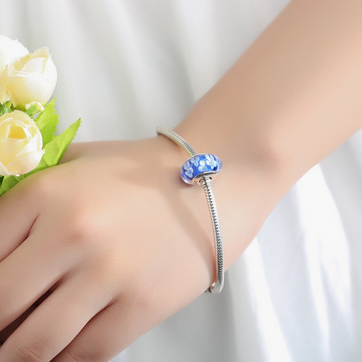 Popular 925 Sterling Silver Blue Plum Flower Pattern European Murano Glass Beads Charms Fit Bracelets & Bangles SCZ006