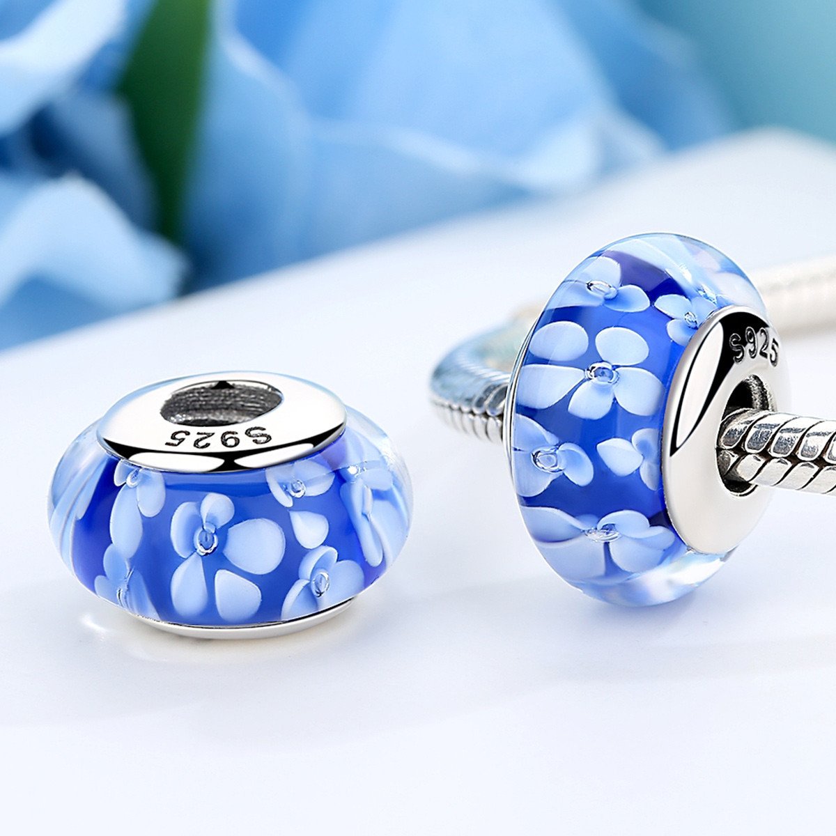 Popular 925 Sterling Silver Blue Plum Flower Pattern European Murano Glass Beads Charms Fit Bracelets & Bangles SCZ006