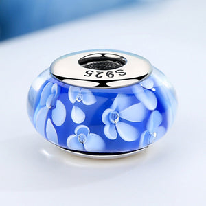 Popular 925 Sterling Silver Blue Plum Flower Pattern European Murano Glass Beads Charms Fit Bracelets & Bangles SCZ006