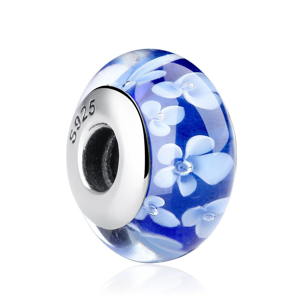 Popular 925 Sterling Silver Blue Plum Flower Pattern European Murano Glass Beads Charms Fit Bracelets & Bangles SCZ006