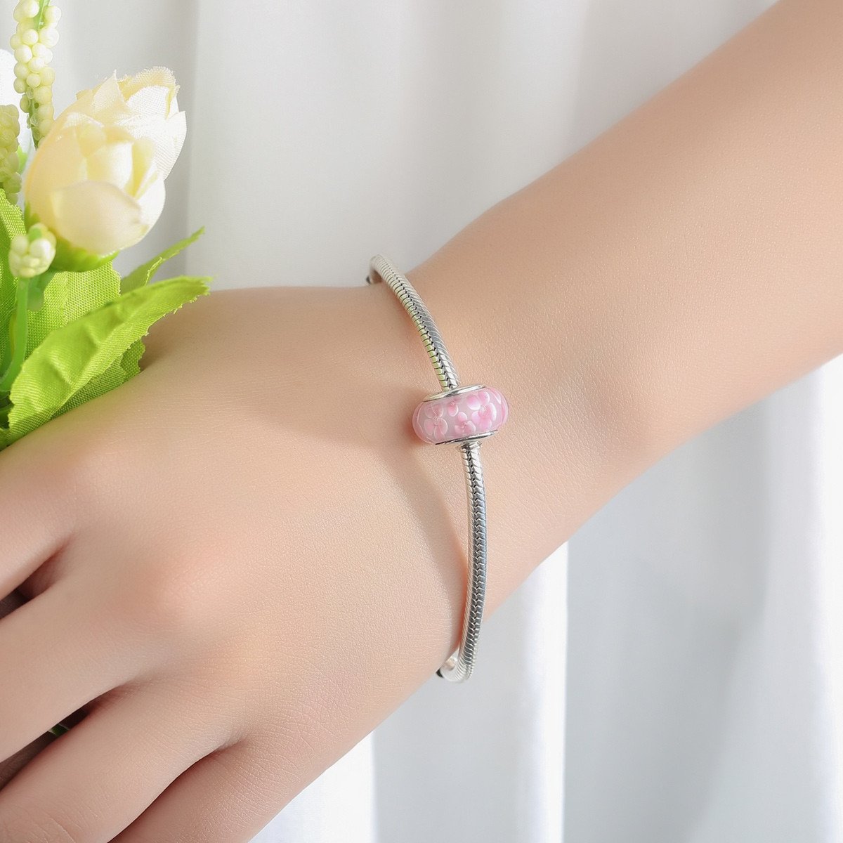 925 Sterling Silver Lovely Pink Flower Pattern European Murano Glass Beads Charms for Girl DIY Bracelets & Bangles SCZ008