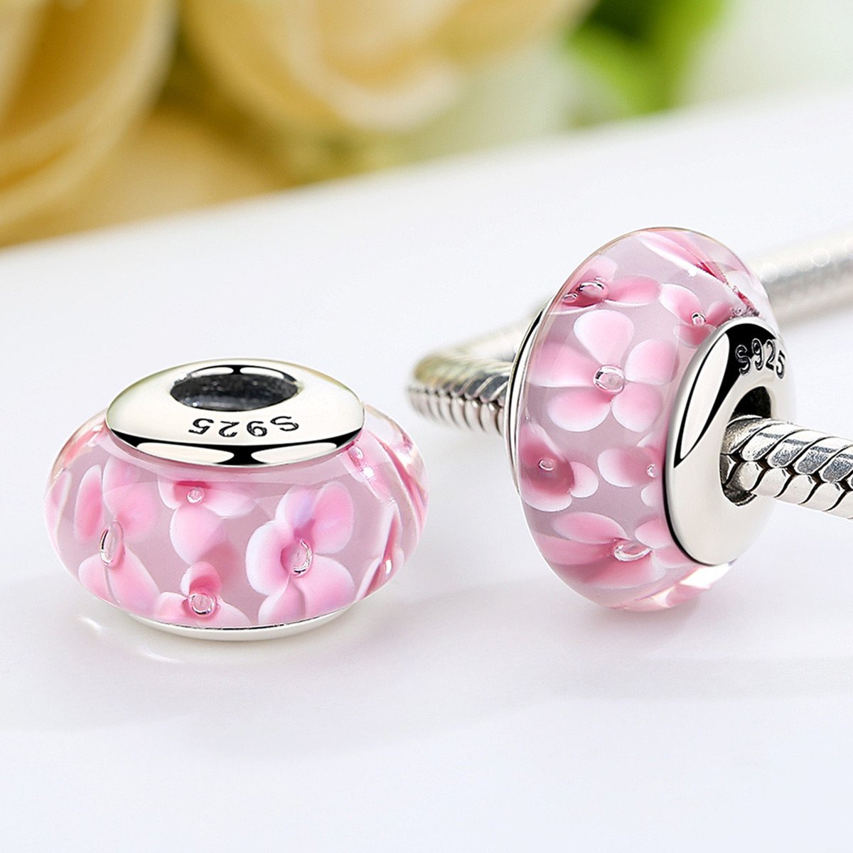 925 Sterling Silver Lovely Pink Flower Pattern European Murano Glass Beads Charms for Girl DIY Bracelets & Bangles SCZ008