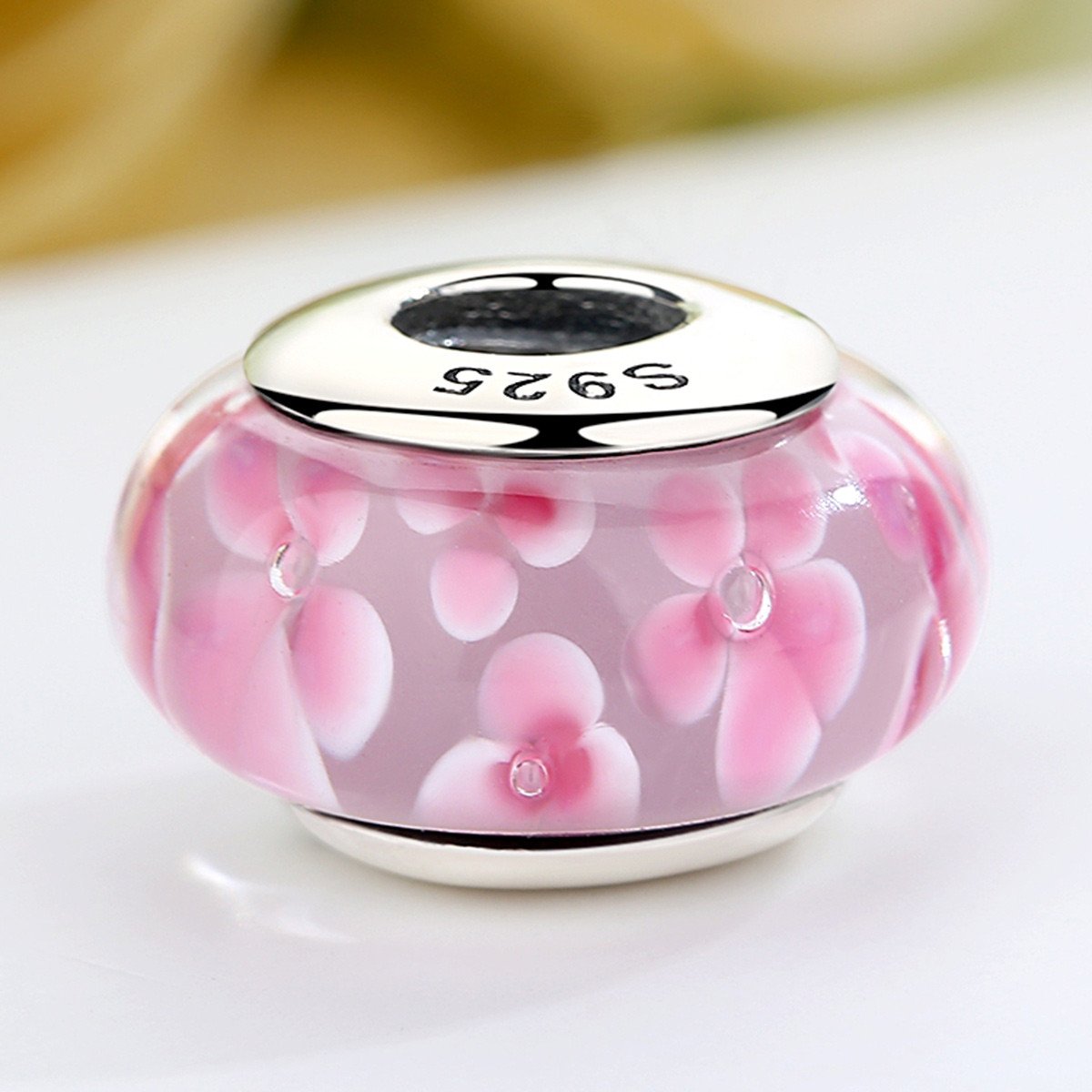925 Sterling Silver Lovely Pink Flower Pattern European Murano Glass Beads Charms for Girl DIY Bracelets & Bangles SCZ008