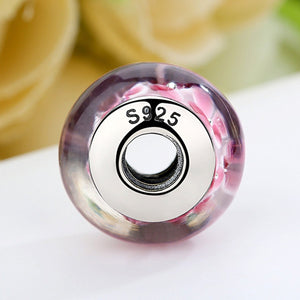 925 Sterling Silver Lovely Pink Flower Pattern European Murano Glass Beads Charms for Girl DIY Bracelets & Bangles SCZ008