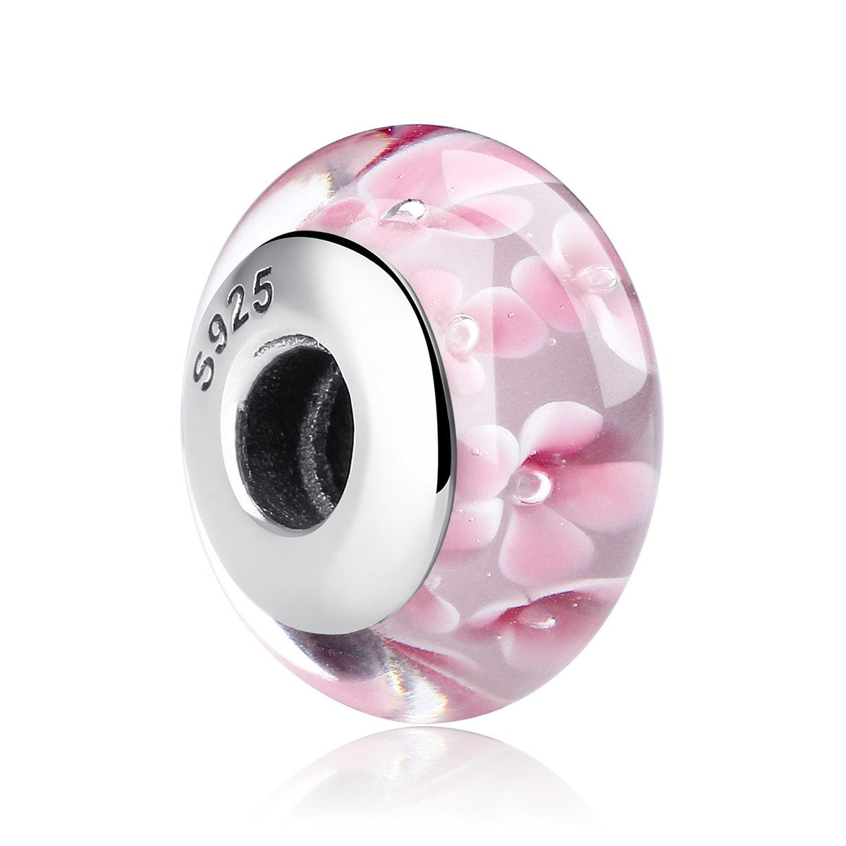 925 Sterling Silver Lovely Pink Flower Pattern European Murano Glass Beads Charms for Girl DIY Bracelets & Bangles SCZ008