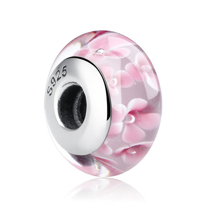 925 Sterling Silver Lovely Pink Flower Pattern European Murano Glass Beads Charms for Girl DIY Bracelets & Bangles SCZ008