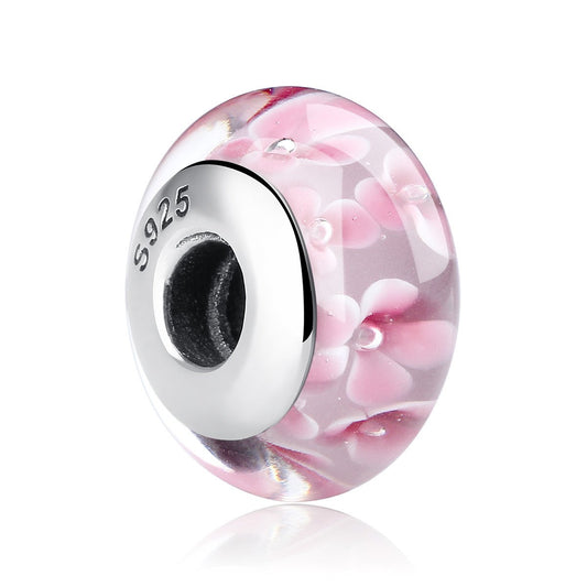 925 Sterling Silver Lovely Pink Flower Pattern European Murano Glass Beads Charms for Girl DIY Bracelets & Bangles SCZ008