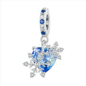 925 Sterling Silver Blue CZ Snowflake Heart Dangle Charm