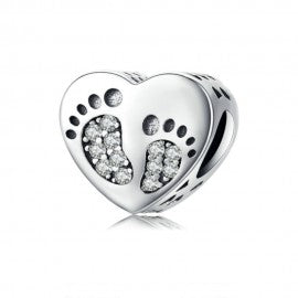 925 Sterling Silver CZ Baby Footprints Heart Bead Charm