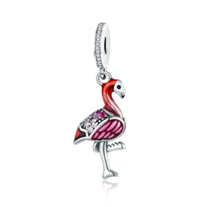 925 Sterling Silver Flamingo Red and Pink Enamel Dangle Charm