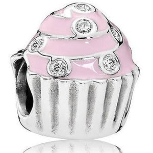 925 Sterling Silver CZ Pink Cupcake Bead Charm