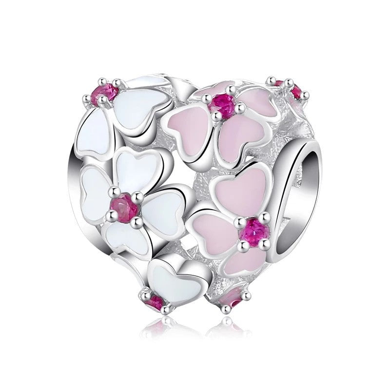 Floral Pink and White Enamel Heart Bead Charm