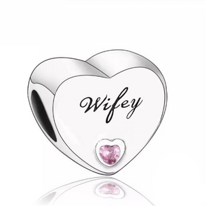 925 Sterling Silver CZ Wifey Engraved Heart Bead Charm