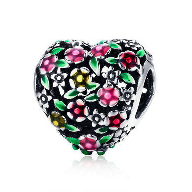 925 Sterling Silver Valley of Flowers Colourful Heart Bead Charm